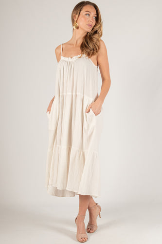 Off White Gauze Strappy Tiered Maxi