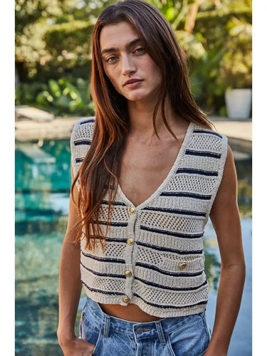 Knit Sweater Cotton Striped V-Neck Button Down Vest