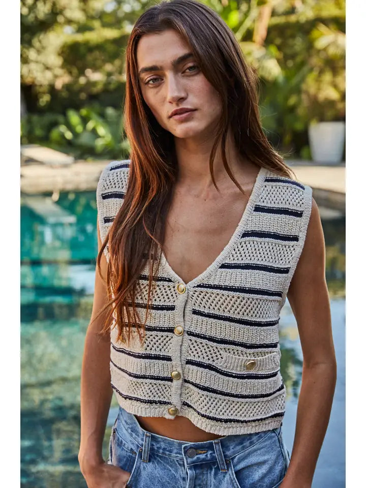 Knit Sweater Cotton Striped V-Neck Button Down Vest