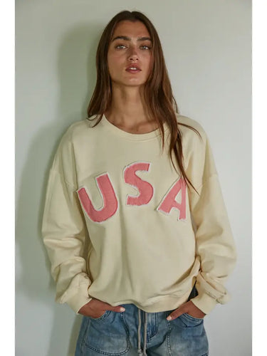 Cream Knit Cotton Pullover Top with USA Patch Work