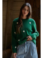 Load image into Gallery viewer, Green Knit Sweater Ribbed Flower Embroidery Pullover Top